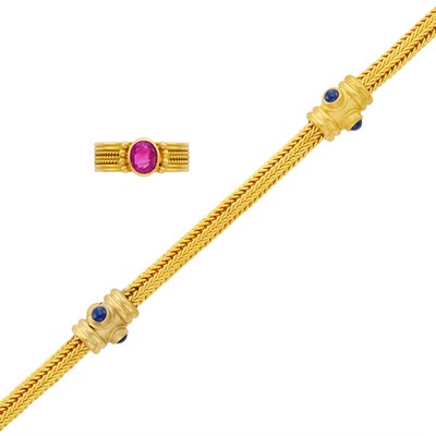 Lot 328 - Two-Color Gold and Cabochon Sapphire Bracelet and High Karat Gold and Ruby Ring, Reinstein Ross