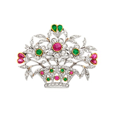 Lot 526 - Edwardian Platinum, Gold, Ruby, Emerald and Diamond Flower Basket Brooch