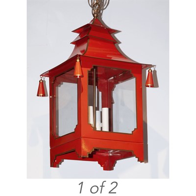 Lot 318 - Pair of Chinese Style Red and Gold Enameled Metal and Glass Pagoda-Form Lanterns