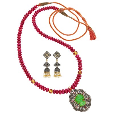 Lot 1646 - Ruby Bead, Silver, Gold, Cabochon Ruby, Gem-Set and Diamond Pendant-Necklace and Pair of Silver, Gold Freshwater Pearl and Diamond Pendant-Earrings