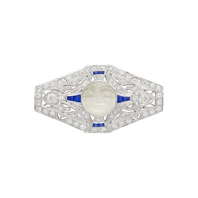Lot 174 - Platinum, Carved Moonstone, Diamond and Sapphire Brooch