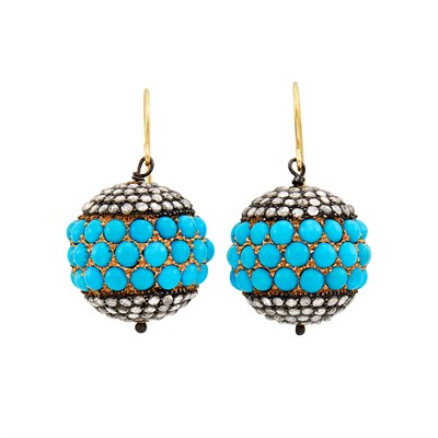 Lot 562 - Pair of Silver, Gold, Turquoise, and Diamond Ball Pendant-Earrings