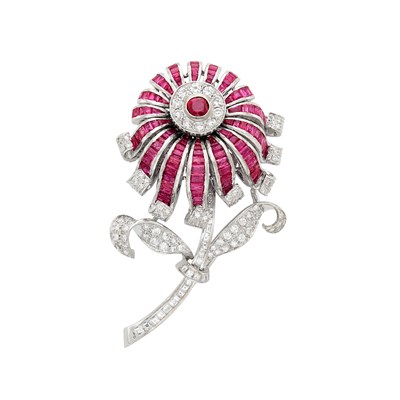 Lot 578 - White Gold, Ruby and Diamond Flower Brooch