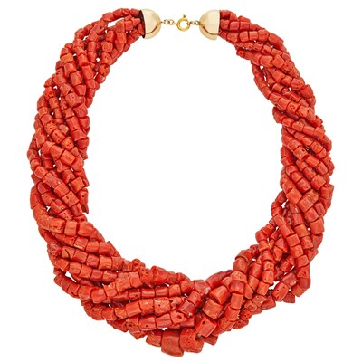 Lot 1643 - Eight Strand Coral Bead Necklace with Gold Dome Clasp