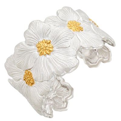 Lot 391 - Sterling Silver and Gold Flower Cuff Bangle Bracelet, Buccellati