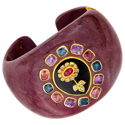 Lot 576 - Amethyst Hardstone, Gold, Multicolored Stone and Diamond Cuff Bangle Bracelet