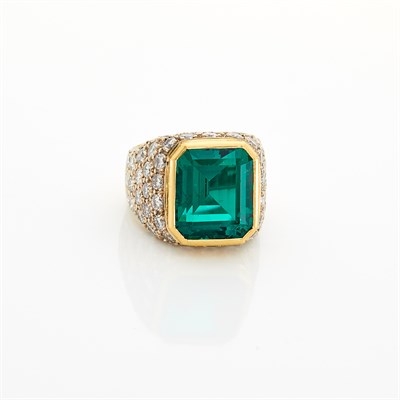 Lot 1247 - Two-Color Gold, Synthetic Emerald and Diamond Ring