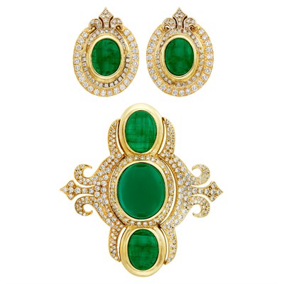 Lot 1147 - Pair of Tricolor Gold, Synthetic Cabochon Emerald and Diamond Earclips and Brooch
