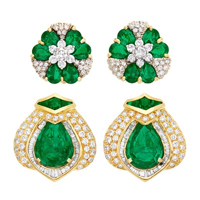 Lot 1473 - Two Pairs of Gold, Synthetic Emerald, Diamond and Simulated Diamond Earclips