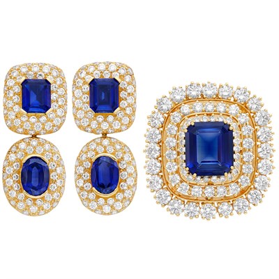 Lot 1478 - Pair of Gold, Synthetic Sapphire and Cubic Zirconium Pendant-Earrings and Brooch