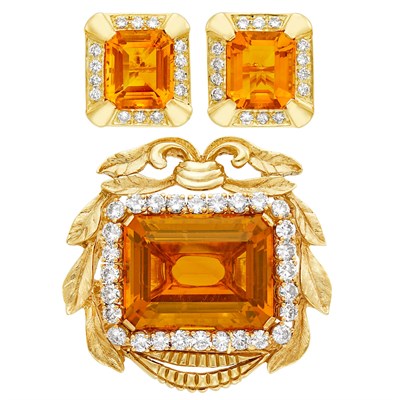 Lot 443 - Gold, Citrine and Diamond Brooch and Pair of Earclips