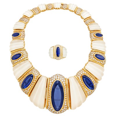 Lot 1153 - Gold, Frosted Rock Crystal, Synthetic Sapphire and Cubic Zirconia Necklace and Ring