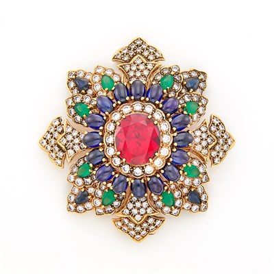 Lot 1257 - Gold, Synthetic Colored-Stone and Cubic Zirconia Brooch
