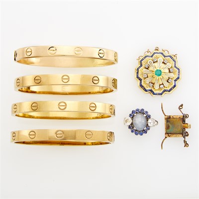 Lot 1557 - White Gold, Gray Star Sapphire, Sapphire and Diamond Clasp, Two Gold Clasps, and Four Bangle Bracelets