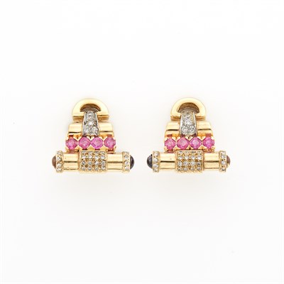 Lot 1261 - Pair of Gold, Ruby and Diamond Earrings