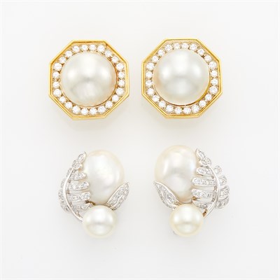 Lot 1019 - Two Pairs of Gold, White Gold, Cultured Pearl and Diamond Earrings