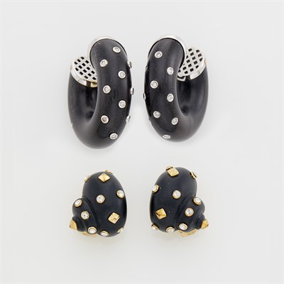 Lot 1216 - Pair of White Gold, Wood and Diamond Hoop Earclips and Pair of Metal, Wood and Simulated Diamond Earclips