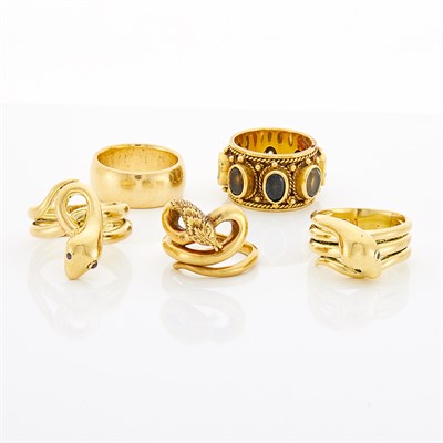 Lot 1576 - Five Gold and Gem-Set Rings