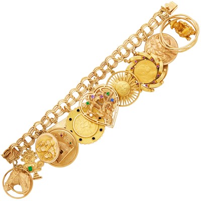 Lot 688 - Gold, Gem-Set, Diamond and Enamel Charm Bracelet