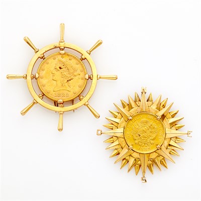 Lot 1458 - Two Gold and Gold Coin Brooches