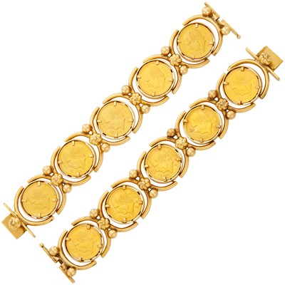 Lot 477 - Pair of Gold and Gold Coin Bracelets