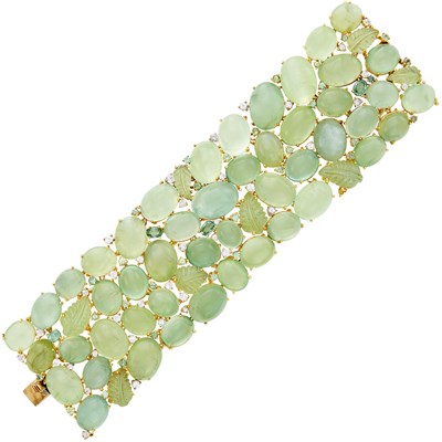 Lot 755 - Wide Gold, Cabochon and Carved Green Moonstone, Green Sapphire and Simulated Diamond Bracelet and Pair of Earclips