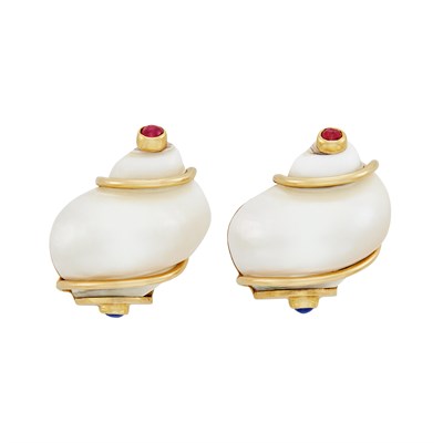 Lot 292 - Pair of Gold, Shell and Cabochon Gem-Set 'Turbo Shell' Earclips, Seaman Schepps