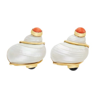 Lot 63 - Pair of Gold, Shell, Coral and Black Onyx 'Turbo Shell' Earclips, Seaman Schepps