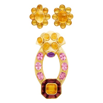 Lot 43 - Gold and Colored Stone Clip-Brooch and Pair of Cabochon Citrine Earclips
