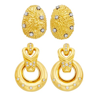 Lot 447 - Pair of Gold and Diamond Earclips and Pendant-Earclips