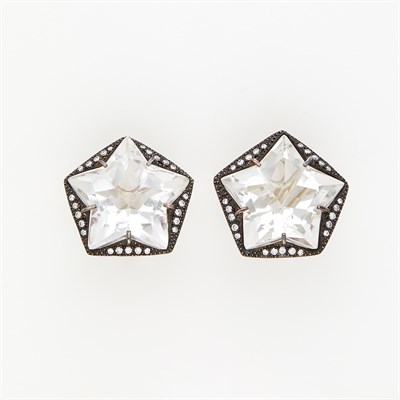 Lot 1419 - Pair of White Gold, Silver, Quartz and Diamond Star Earclips