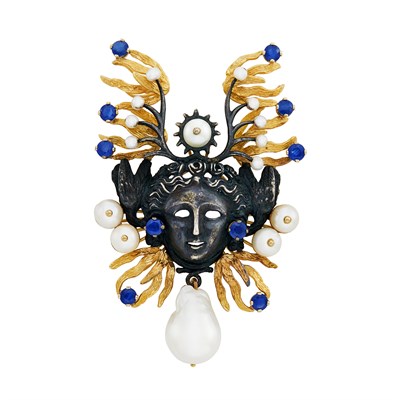 Lot 380 - Gold, Blackened Silver, Freshwater Pearl and Sapphire 'Angel' Brooch, Tony Duquette