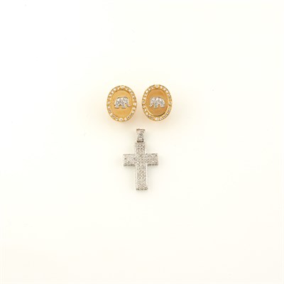 Lot 1121 - Pair of Gold and Diamond Elephant Earclips and White Gold and Diamond Cross Pendant