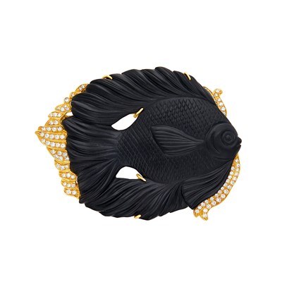 Lot 1316 - Gold, Carved Black Onyx and Diamond Fish Brooch