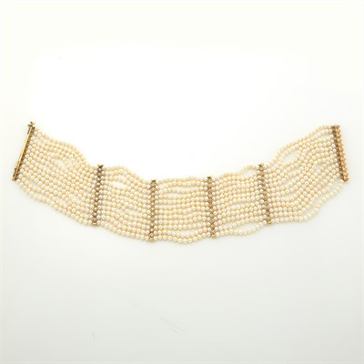 Lot 1454 - Twelve Strand Cultured Pearl, Gold and Diamond Choker Necklace