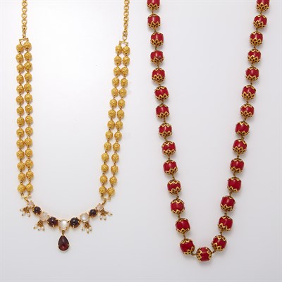Lot 1664 - Two High Karat Gold, Red Bead and Gem-Set Necklaces