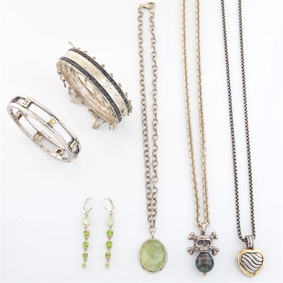 Lot 1705 - Group of Silver, Gold and Gem-Set Necklaces, Bangle Bracelets and Pair of Pendant-Earrings