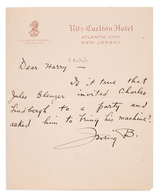 Lot 66 - BERLIN, IRVING Autograph note signed. Atlantic...