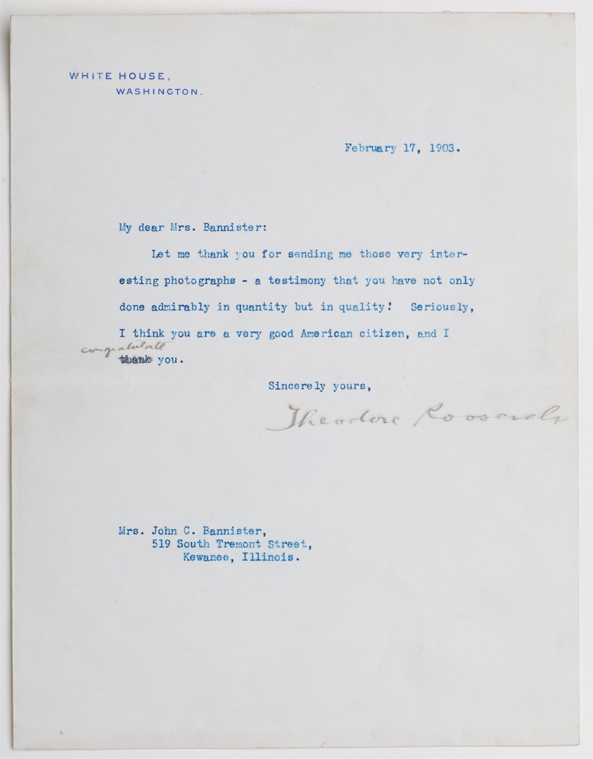 Lot 51 - ROOSEVELT, THEODORE Typed letter signed as...