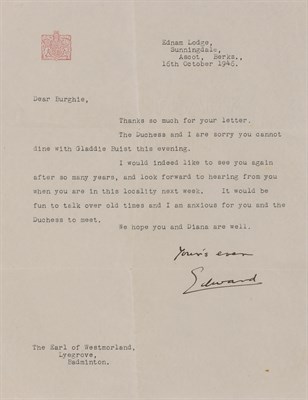Lot 147 - EDWARD, DUKE OF WINDSOR Typed letter signed....