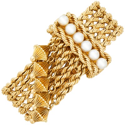 Lot 753 - Multistrand Rope-Twist Gold and Cultured Pearl Slide Tassel Bracelet