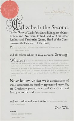 Lot 165 - QUEEN ELIZABETH II Signed pardon for a parking...