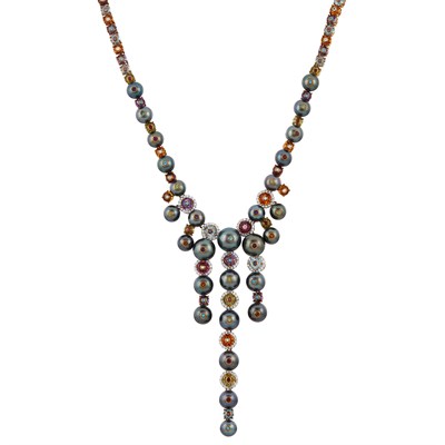 Lot 149 - Gold, Tahitian Black Cultured Pearl, Diamond and Gem-Set Fringe Necklace