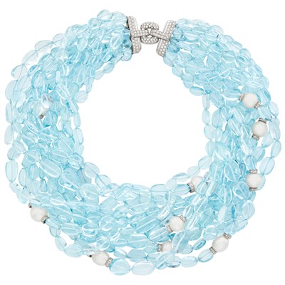 Lot 206 - Twelve Strand Tumbled Aquamarine Bead, White Gold, Freshwater Pearl and Diamond Torsade Necklace