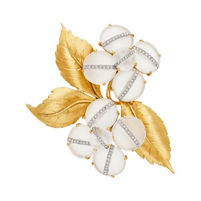 Lot 652 - Gold, Platinum, Frosted Rock Crystal and Diamond Brooch