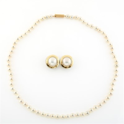Lot 1372 - David Yurman Pair of Sterling Silver, Gold and Mabé Pearl Earclips and Cultured Pearl Necklace with Gold Clasp