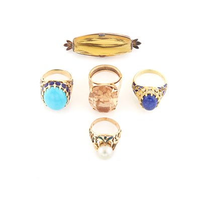 Lot 1365 - Four Gold, Colored Stone, Enamel and Diamond Rings and Citrine Pendant