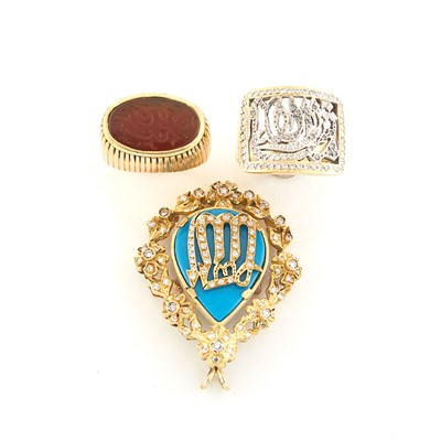 Lot 1363 - Gold, Turquoise and Diamond Pendant-Brooch, Two Gold, Diamond and Hardstone Rings