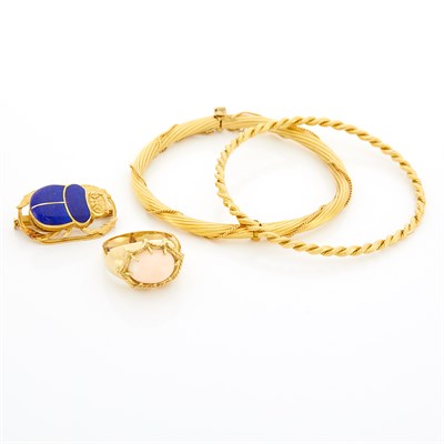 Lot 1622 - Two Gold Bangle Bracelets, Coral Ring and Lapis Scarab Pin