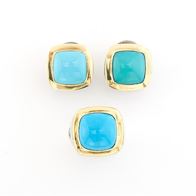 Lot 1794 - Silver, Gold and Turquoise Ring and Pair of Earclips, David Yurman